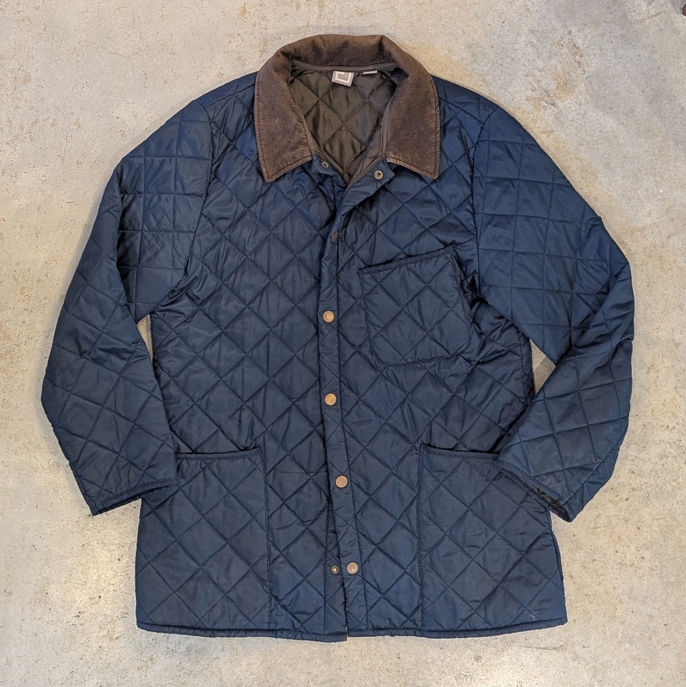 Blue Lightweight Quilted Jacket with Brown Collar